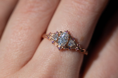 Briar rose three stone with moissanite and pink sapphire accents