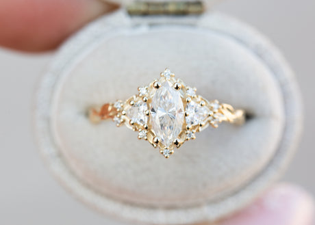 Briar rose three stone with 8x4mm marquise moissanite