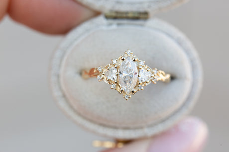 Briar rose three stone with 8x4mm marquise moissanite