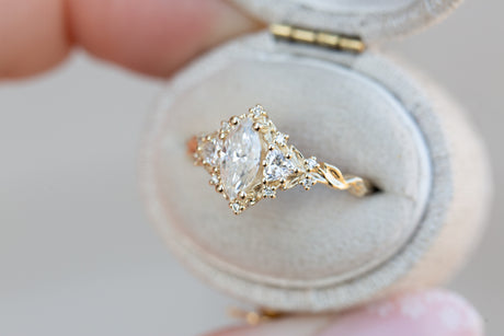 Briar rose three stone with 8x4mm marquise moissanite
