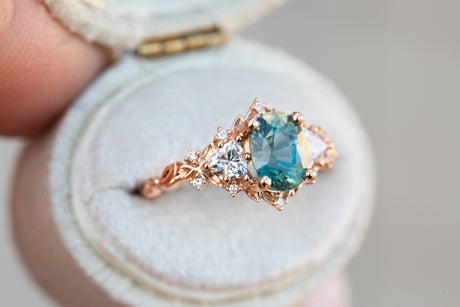 Briar rose three stone with 1.58ct green teal sapphire