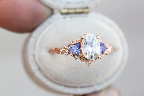 Briar rose three stone with 8x6mm oval moissanite and tanzanite