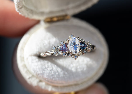 Briar rose three stone with 6x4mm oval moissanite and alexandrite