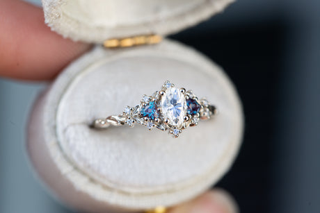 Briar rose three stone with 6x4mm oval moissanite and alexandrite