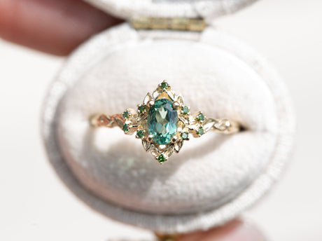 Briar rose halo with oval lab green sapphire