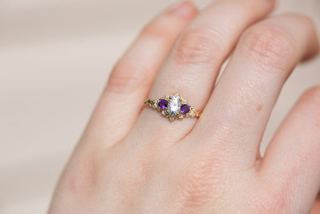 Briar rose three stone with oval moissanite and round amethyst side stones (fairy queen)