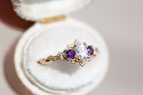 Briar rose three stone with oval moissanite and round amethyst side stones (fairy queen)
