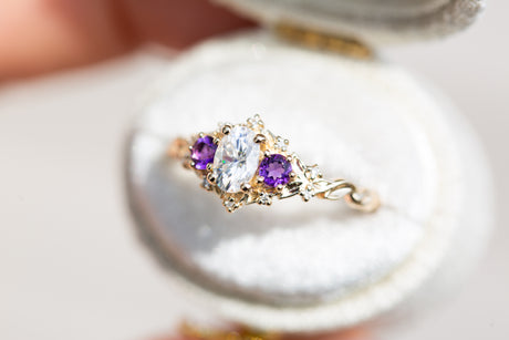 Briar rose three stone with oval moissanite and round amethyst side stones (fairy queen)