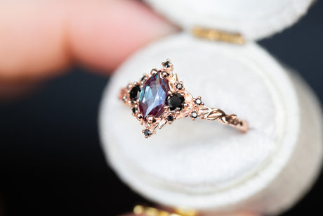 Briar rose three stone with 8x4mm marquise lab alexandrite and black diamonds