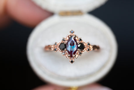 Briar rose three stone with 8x4mm marquise lab alexandrite and black diamonds