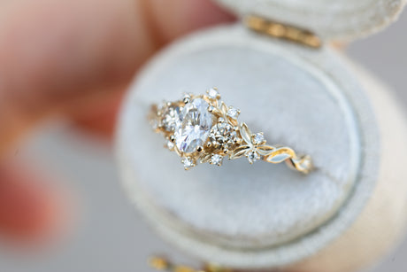 Briar rose three stone with moissanite and champagne diamonds