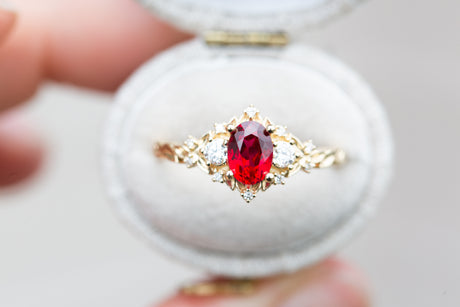 Briar rose three stone with 7x5mm oval lab ruby