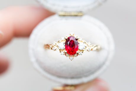 Briar rose three stone with 7x5mm oval lab ruby