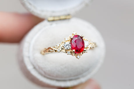Briar rose three stone with 7x5mm oval lab ruby
