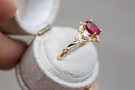 Briar rose three stone with 7x5mm oval lab ruby