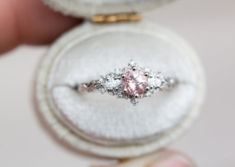 Briar rose three stone with round lab peach sapphire