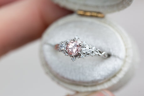 Briar rose three stone with round lab peach sapphire
