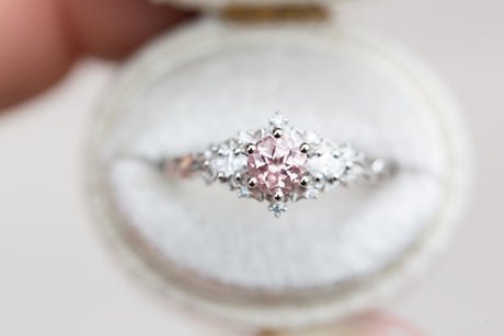Briar rose three stone with round lab peach sapphire