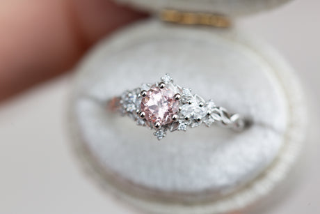 Briar rose three stone with round lab peach sapphire