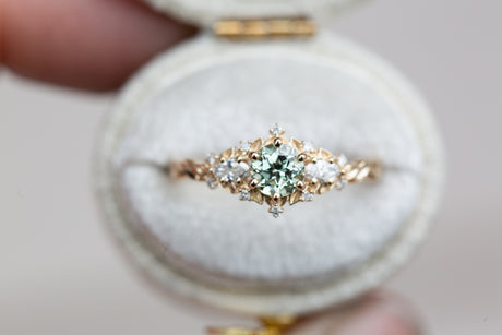 Briar rose three stone with round lab green sapphire