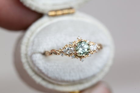 Briar rose three stone with round lab green sapphire