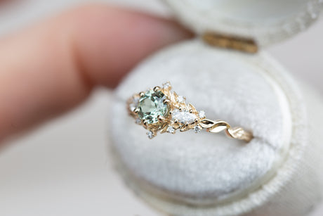 Briar rose three stone with round lab green sapphire