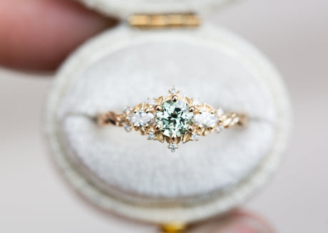 Briar rose three stone with round lab green sapphire