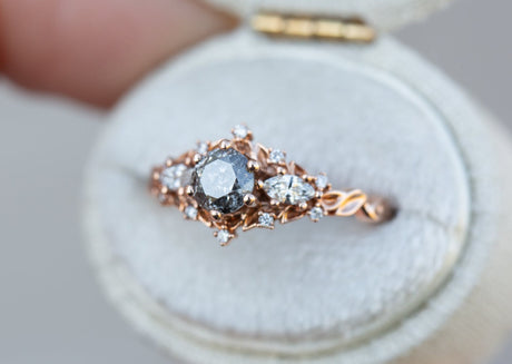 RESTOCKED! Briar rose three stone with round salt and pepper diamonds