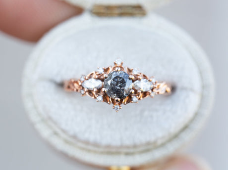 RESTOCKED! Briar rose three stone with round salt and pepper diamonds