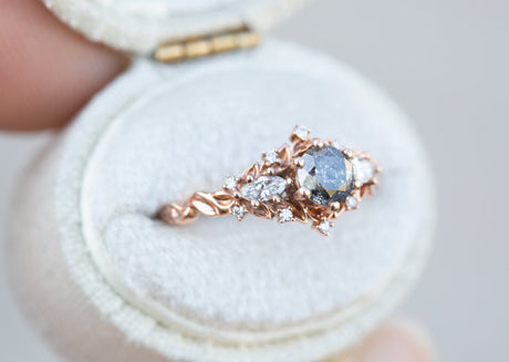 RESTOCKED! Briar rose three stone with round salt and pepper diamonds