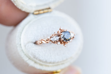 RESTOCKED! Briar rose three stone with round salt and pepper diamonds