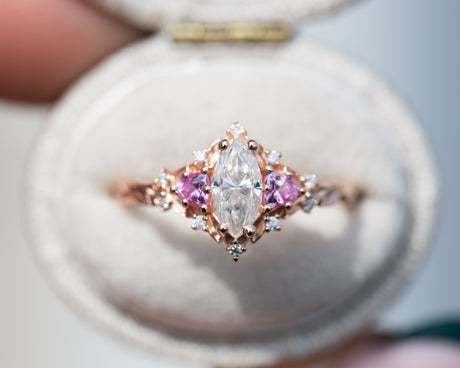 Briar rose three stone with marquise moissanite and pink sapphire