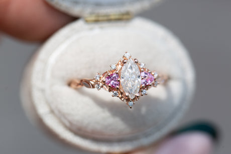 Briar rose three stone with marquise moissanite and pink sapphire