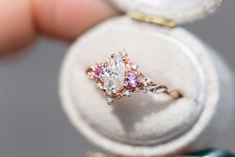Briar rose three stone with marquise moissanite and pink sapphire