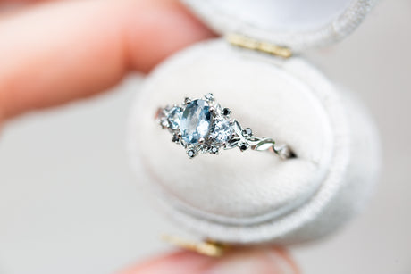 Briar rose three stone with grey spinel and black diamonds