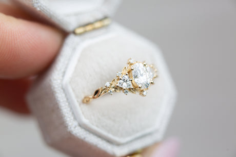 Briar rose three stone with oval moissanite (fairy queen ring)