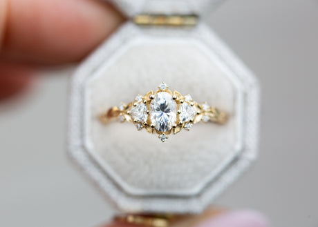 Briar rose three stone with oval moissanite (fairy queen ring)