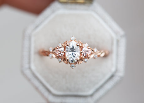 Briar rose three stone with oval moissanite and lab peach sapphire (fairy queen ring)