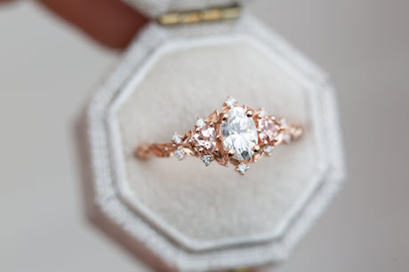 Briar rose three stone with oval moissanite and lab peach sapphire (fairy queen ring)