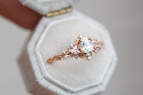 Briar rose three stone with oval moissanite and lab peach sapphire (fairy queen ring)