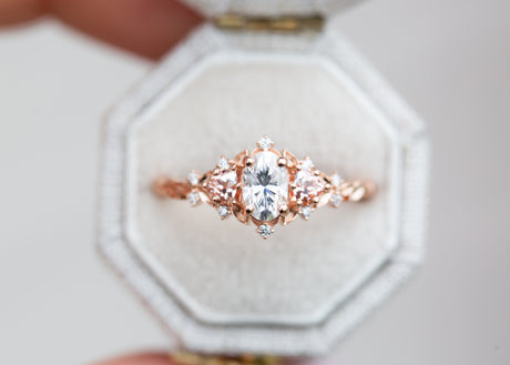 Briar rose three stone with oval moissanite and lab peach sapphire (fairy queen ring)