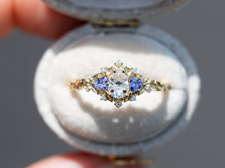 Briar rose three stone with pear moissanite and tanzanite (fairy queen ring)