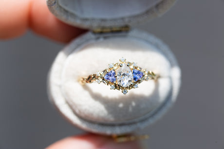 Briar rose three stone with pear moissanite and tanzanite (fairy queen ring)