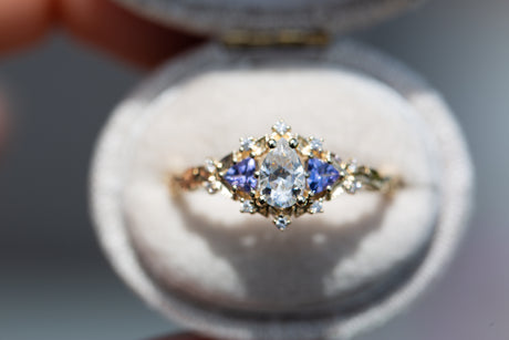 Briar rose three stone with pear moissanite and tanzanite (fairy queen ring)