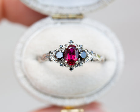 Briar rose three stone with ruby and black diamonds