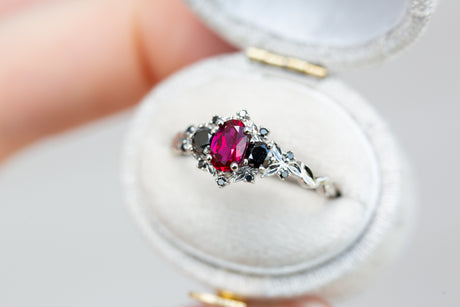Briar rose three stone with ruby and black diamonds