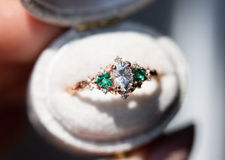 Briar rose three stone with oval moissanite and lab emerald (fairy queen ring)