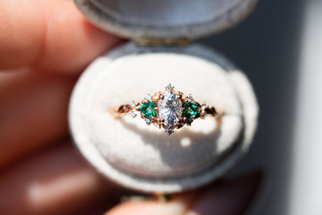 Briar rose three stone with oval moissanite and lab emerald (fairy queen ring)
