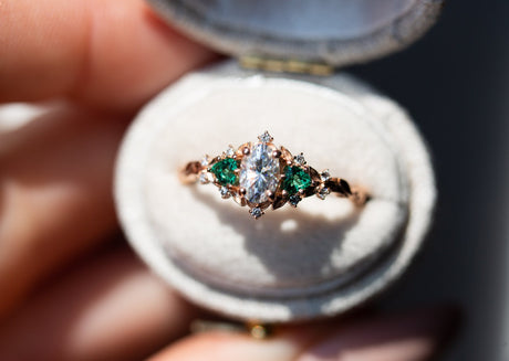 Briar rose three stone with oval moissanite and lab emerald (fairy queen ring)