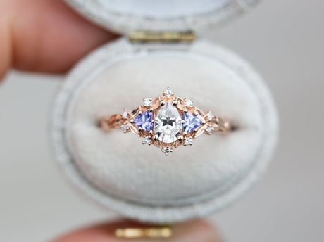 Briar rose three stone with pear moissanite and tanzanite (fairy queen ring)